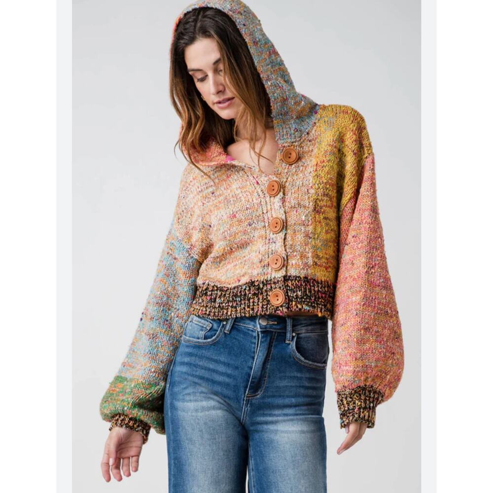 Free People Vibe Check Multicolor Cropped Hooded Cardigan - Picture 2 of 10
